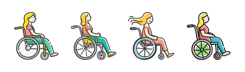 Fototapeta premium Four cartoon women sitting in wheelchairs, diverse poses, isolated on white.