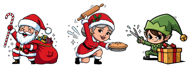 Cute christmas character set with santa mrs claus and elf