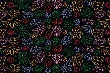 Fototapeta premium Colorful hand drawn flower doodle pattern with playful floral shapes on dark background
