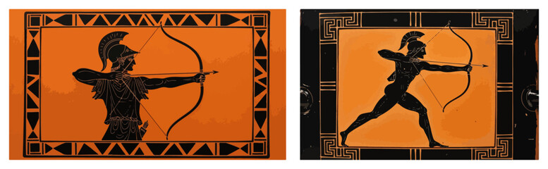 Ancient greek pottery style banners with warrior archer and patterns