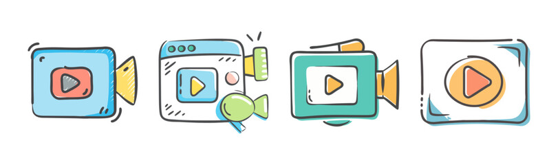 Set of four cartoon video camera and play button icons on white background