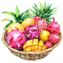 A variety of tropical fruits in a woven basket, with dragon fruit as the main fruit. 2D watercolor painting separated on a transparent background.
