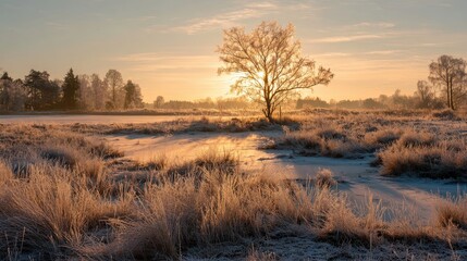 A frosty landscape covered with ice crystals at dawn conveys stillness, purity, and the quiet renewal of a winter morning.
