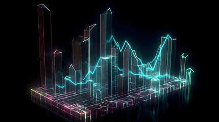 Dynamic Neon Data Visualization: Glowing 3D Bar Chart with Fluctuating Cyan Line Graph