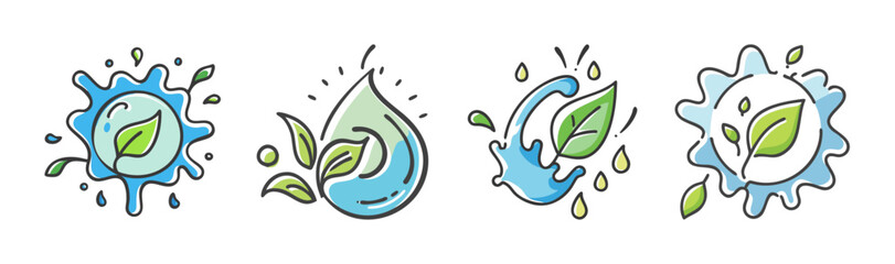 Fototapeta premium Set of four eco-friendly water drop and leaf icons, symbolizing nature and sustainability