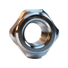 Shiny metal hex nut with threaded hole on transparent background