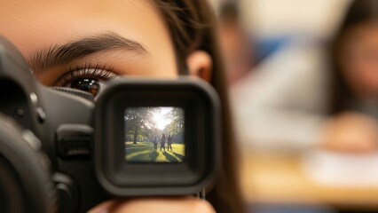 A person looking through a camera viewfinder, which shows a family in a park.
