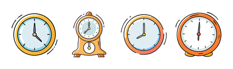Collection of four simple cartoon clocks showing different times