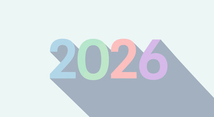 Colorful 2026 text with long shadow on a light background.