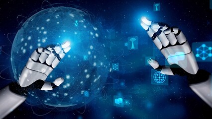 A visually striking image showcasing robotic hands reaching towards a digital globe, symbolizing interaction and connection in a futuristic technological landscape. Xenic