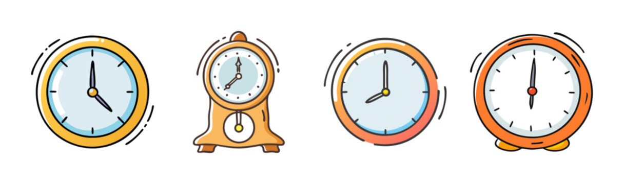 Collection of four simple cartoon clocks showing different times