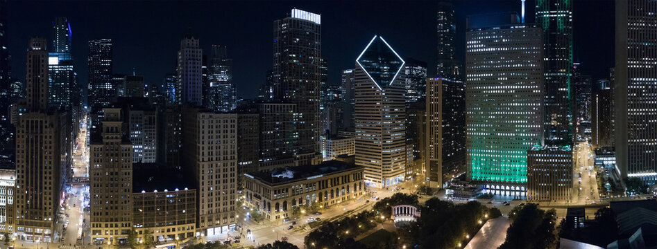 Aerial image Downtown Chicago at night circa 2017