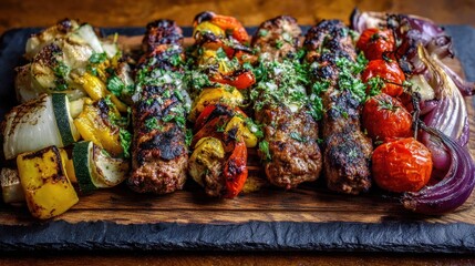 Fototapeta premium Grilled Turkish kebabs with roasted vegetables and a charred finish highlight bold flavors, Mediterranean cuisine, and traditional grilling techniques. 