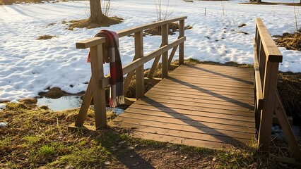 Wooden bridge with scarf on railing in snowy landscape with sunlight shadows