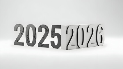 Minimal white background, large bold “2025” block slightly fading or cracking, solid “2026” block standing strong beside it, soft shadow, clean studio lighting, modern concept of time transition