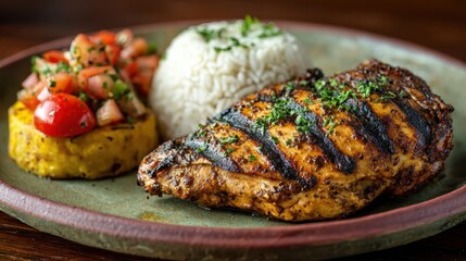 Grilled Caribbean jerk chicken served on a ceramic plate highlights bold spices, vibrant flavors, and traditional island cuisine.
