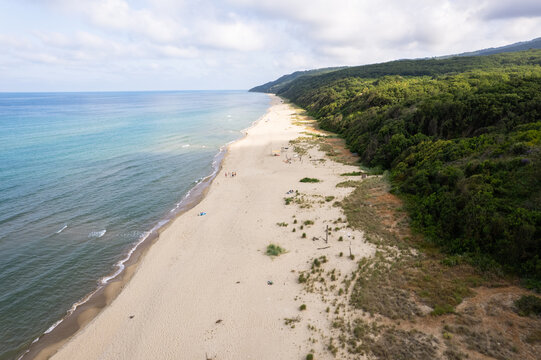 Aerial view of the sun-kissed beach meeting the turquoise sea, bordered by a lush green forest, Vaya Beach, Burgas, Bulgaria.