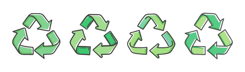 Obraz premium Hand-drawn green recycling symbols with arrows in a triangle formation