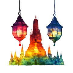 Wat Arun Ratchawararam Ratchaworamahaviharn, 2D watercolor, isolated on a transparent background.