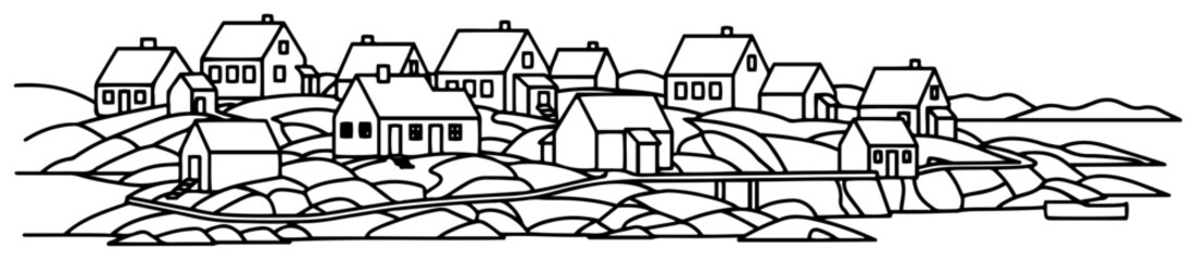 Naklejka premium Coastal fishing village with small cottages on rocky shore line art vector illustration