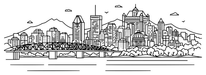 Obraz premium Modern city skyline with skyscrapers and steel bridge panoramic line art vector design