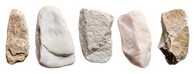 Five irregular stones appear on a clear background. These stones can be used for pathways, gardens, or outdoor features. Each stone shows unique shapes and textures