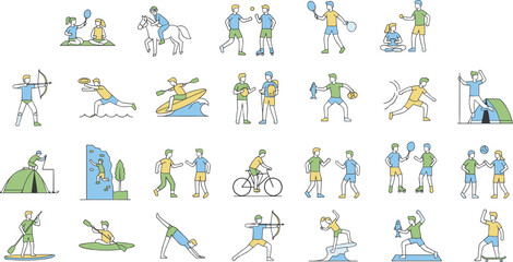 Collection of People Engaging in Outdoor Sports and Activities Like Cycling Archery Kayaking Surfing and Camping in Simple Flat Vector Style