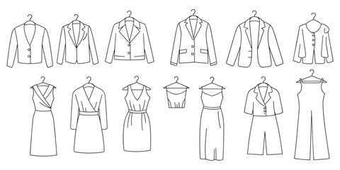 Fototapeta premium Black Line Art Illustrations of Women's Business and Casual Wear Keywords: blazer, jacket, dress, jumpsuit, pantsuit, fashion