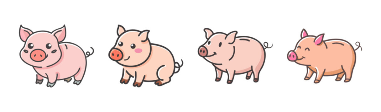 Adorable collection of four cheerful cartoon piglets with happy expressions on a white background