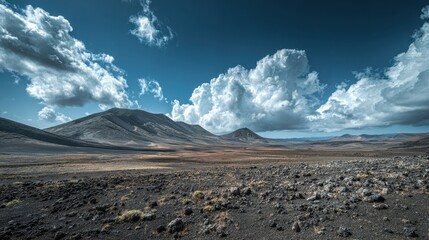 A view of the volcanic rock field under a cloudy blue sky
