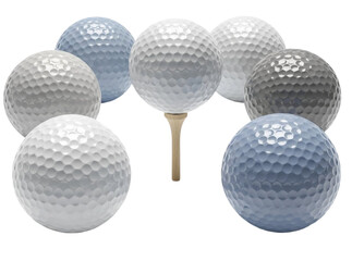 Collection of golf balls in various colors isolated on transparent background