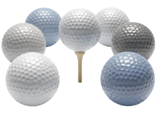 Collection of golf balls in various colors isolated on transparent background