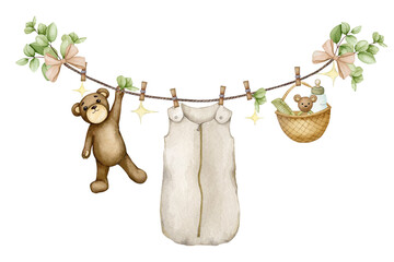 Watercolor composition with baby clothes and toys for a newborn, decorated with eucalyptus. Scandinavian, boho, and retro style.Perfect for a baby shower, birthday, children's party, or birth. 

