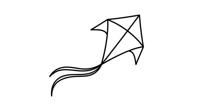 A simple black and white drawing of a kite flying