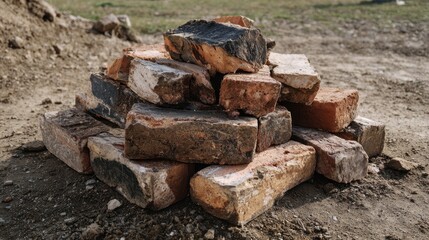 Fototapeta premium Broken bricks forming a pile on uneven ground outdoors illustrate decay, construction debris, and urban or rural deterioration. 
