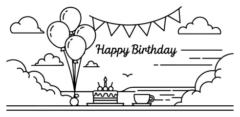 Happy birthday celebration background with cake balloons and party flags © Cristiano