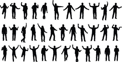 Large Set of People Silhouettes Celebrating Success with Arms Raised Happy Crowd of Men and Women Vector Icons for Achievement