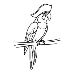 Funny pirate parrot wearing a captain hat sitting on a branch