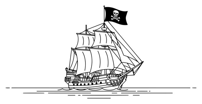 Old pirate sailing ship with skull flag floating on ocean waves