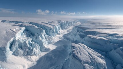 Fototapeta premium A vast glacial ice sheet with deep crevasses under bright sunlight highlights the scale, fragility, and raw beauty of polar landscapes. 