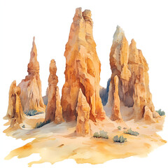 A group of sharp, chimney-like or voodoo-shaped rock formations. (2D watercolor)