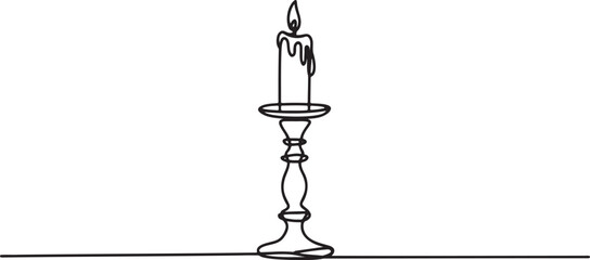Continuous one line drawing of candlestick with burning candle