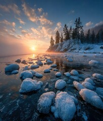 Ruhiges Winterlandschaft mit vereistem See bei Sonnenaufgang