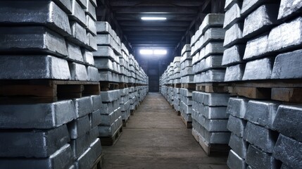 Rows of unpolished metal ingots stacked in a warehouse interior highlight industrial storage, raw materials, and heavy manufacturing processes.
