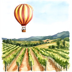 A hot air balloon is floating above a vineyard. (2D watercolor painting)