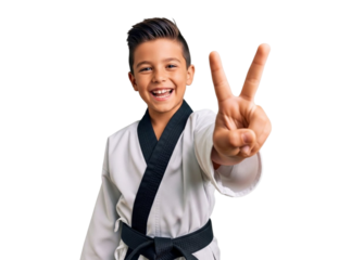 Young boy in karate uniform isolated on transparent background