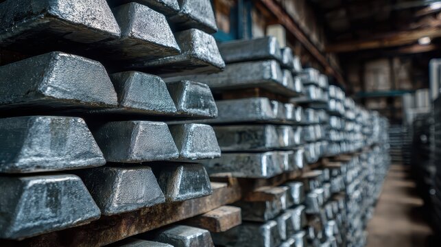 Rows of unpolished metal ingots stacked in a warehouse interior highlight industrial storage, raw materials, and heavy manufacturing processes.
 - Powered by Adobe