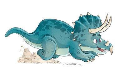 Triceratops dinosaur running, isolated drawing