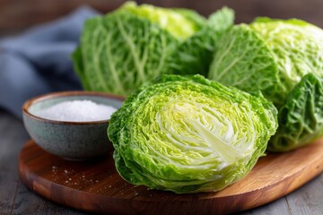 Obraz premium Rustic Kitchen Prep Scene with Halved Green Cabbage and Ceramic Bowl of Salt in Natural Light