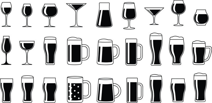 Collection of various wine and beer glasses in silhouette on white background wine glass cocktail glass